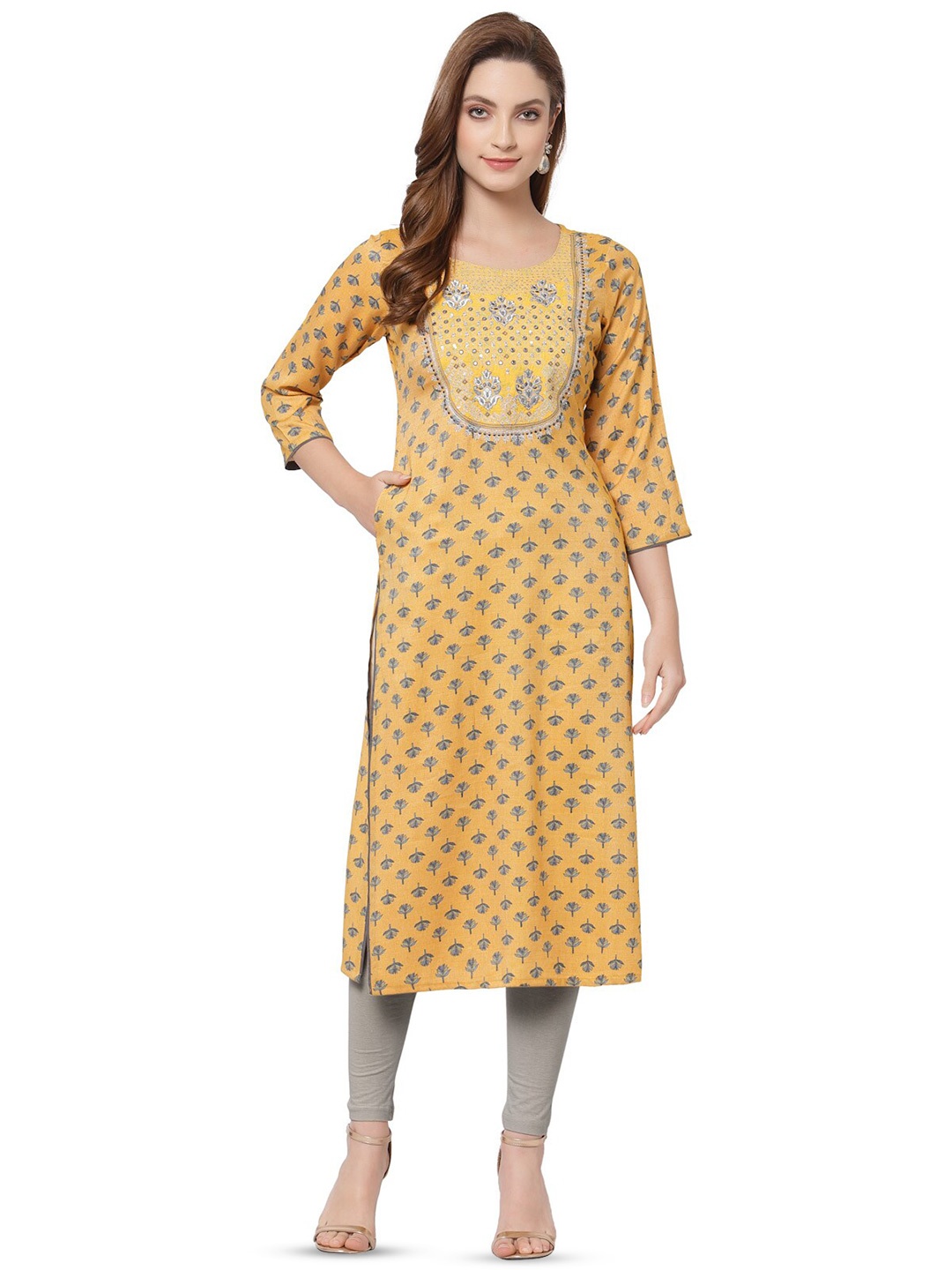 

AARYAHI Floral Printed Mirror Work Straight Kurta, Yellow