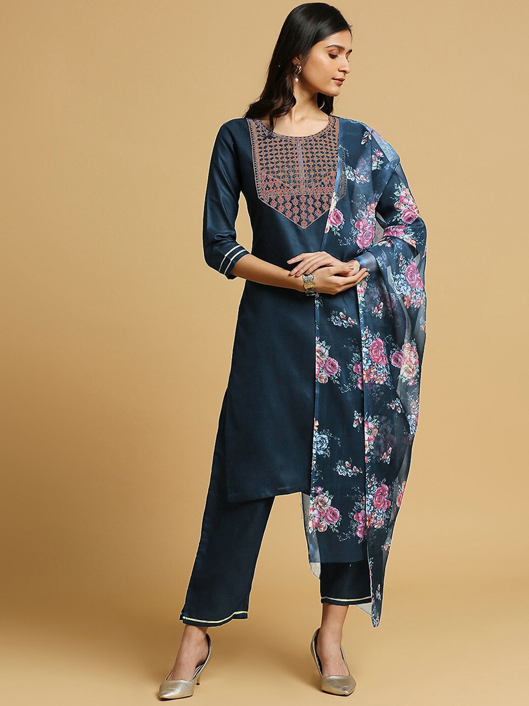 

KALINI Floral Embroidered Sequinned Straight Kurta with Trousers & Dupatta, Teal