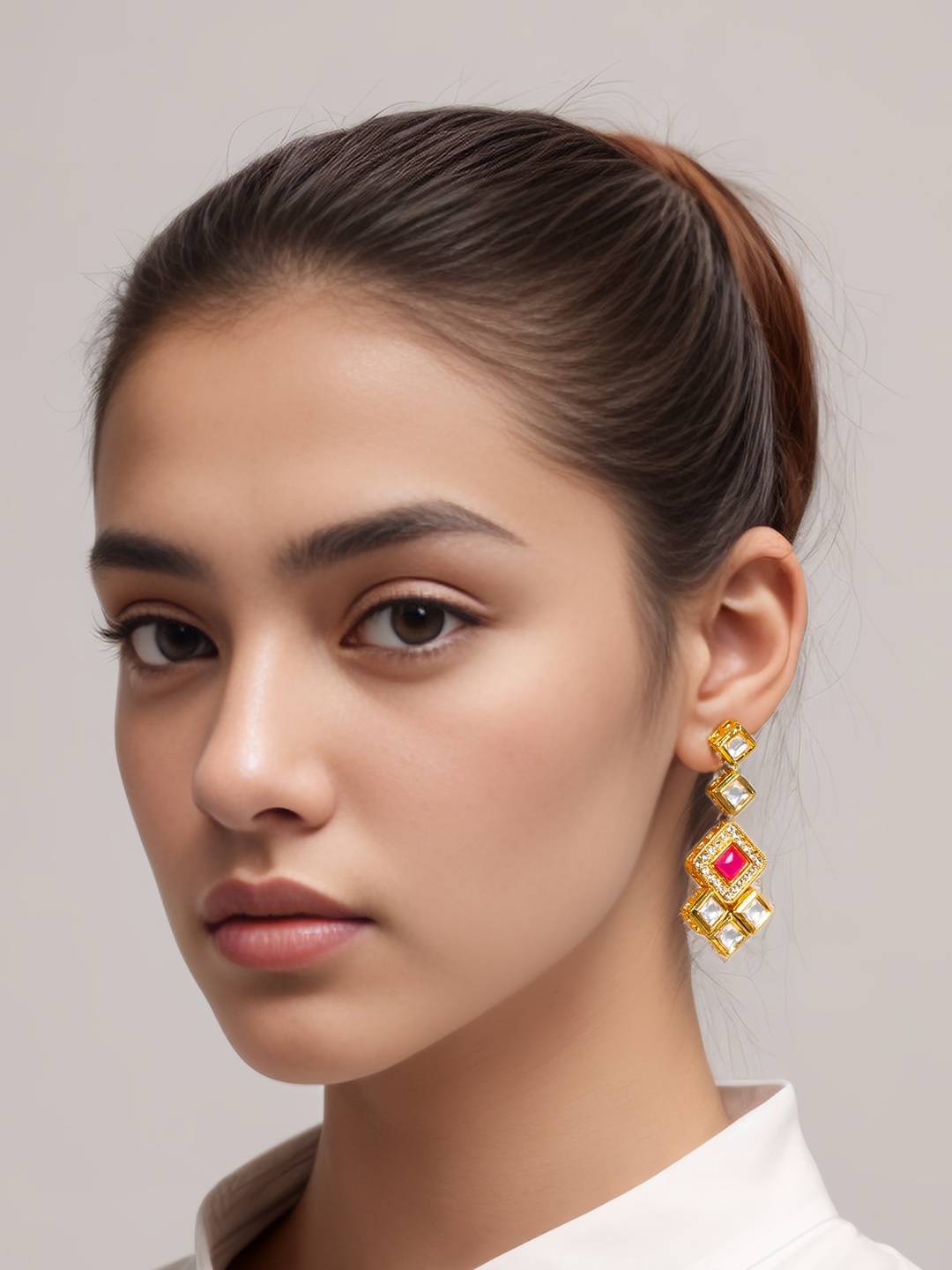 

aadita Gold-Plated Kundan-Studded Contemporary Drop Earrings