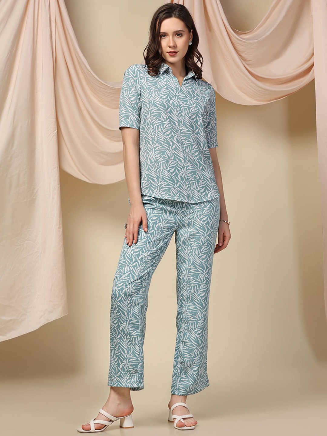 

FASHION DREAM Tropical Printed Shirt With Trouser, Sea green