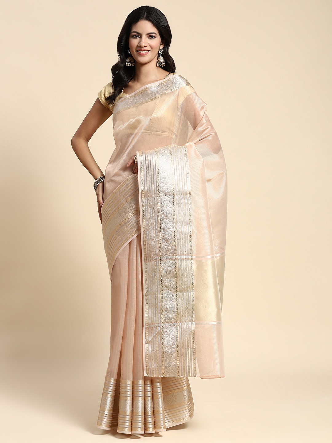 

Simaaya Striped Zari Tissue Saree, Peach