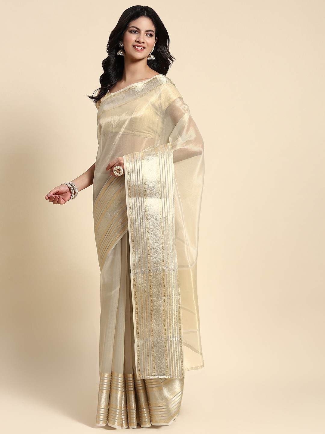 

Simaaya Striped Zari Tissue Saree, Grey