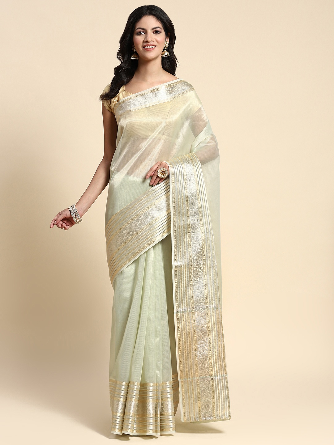 

Simaaya Striped Zari Tissue Saree, Green