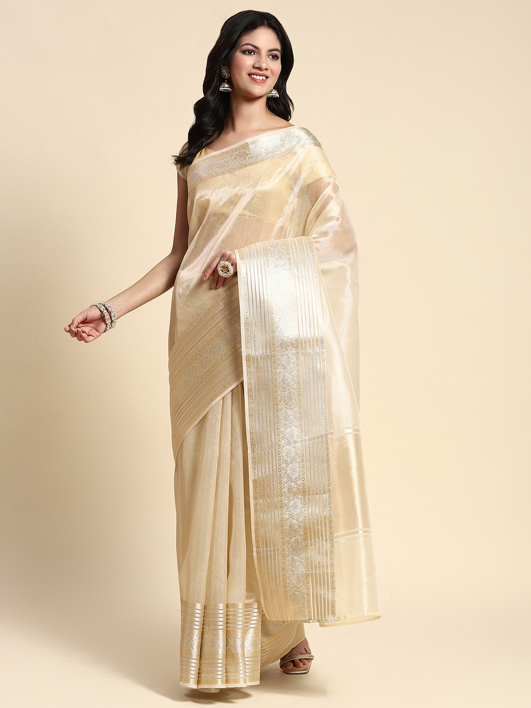 

Simaaya Striped Zari Tissue Saree, Cream