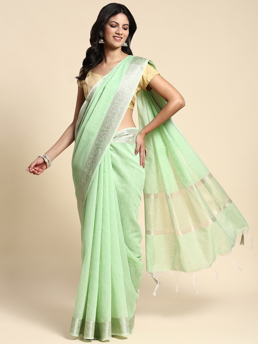 

Simaaya Zari Tissue Saree, Sea green