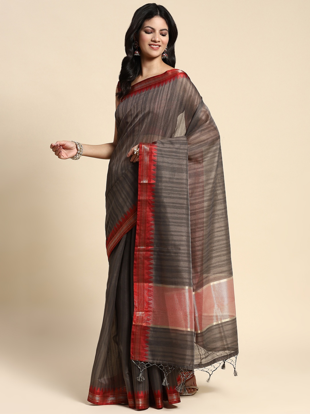 

Simaaya Striped Zari Saree, Grey