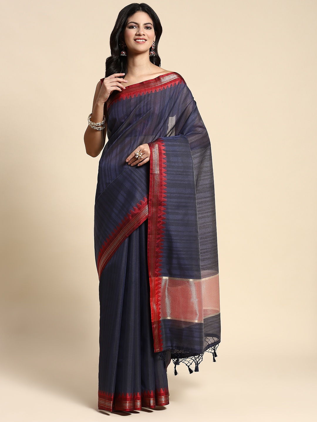 Simaaya Striped Zari Saree, Navy blue