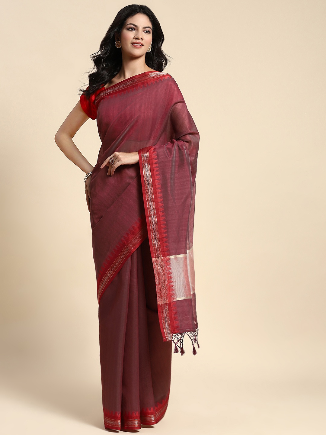 

Simaaya Striped Zari Saree, Maroon