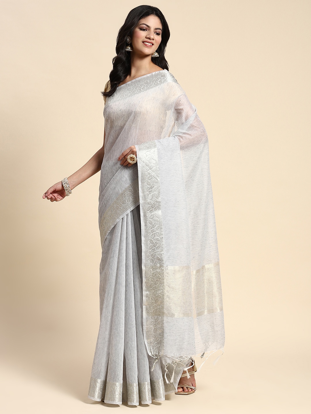 

Simaaya Zari Pure Silk Saree, Grey