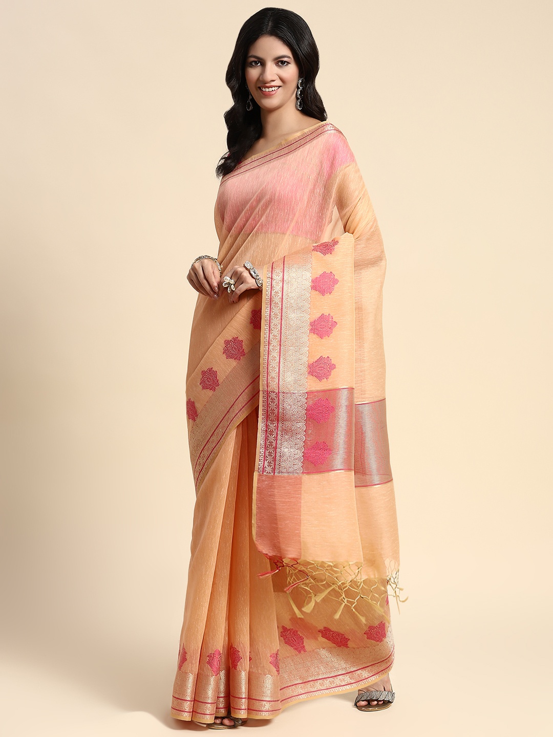 

Simaaya Kashida Pure Silk Saree, Peach