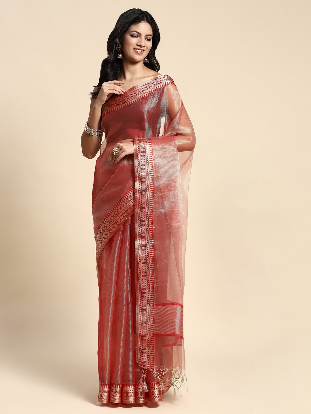 

Simaaya Zari Tissue Saree, Rust