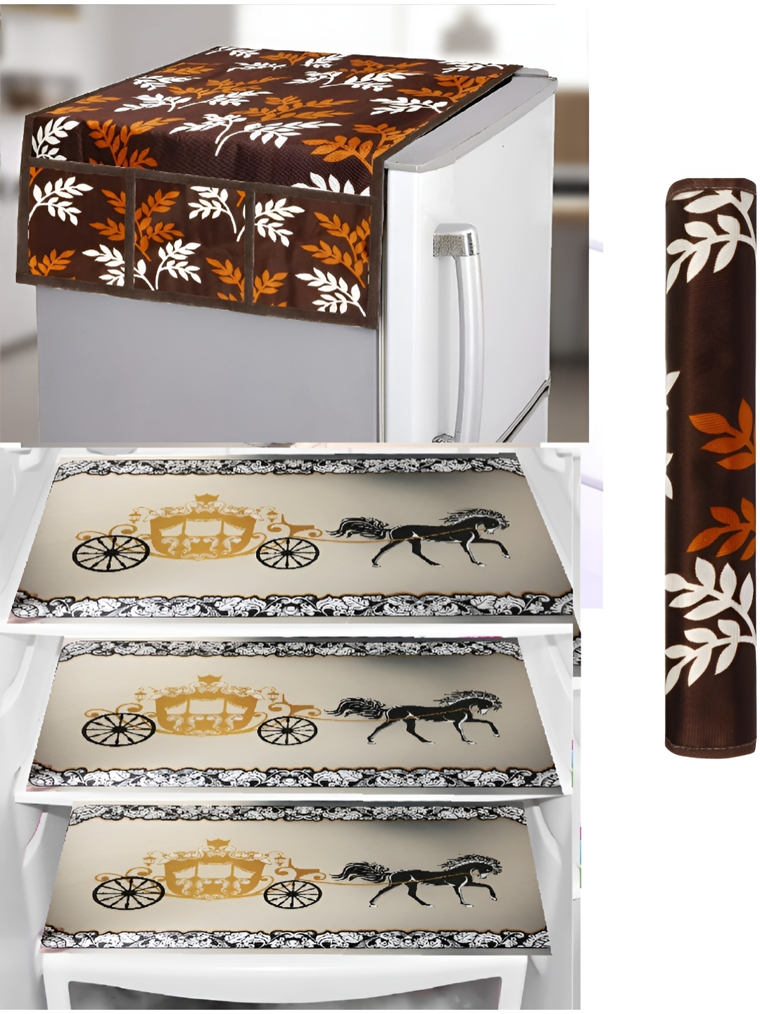

REVEXO Brown & White 5 Pieces Printed Fridge Appliance Cover, Multi
