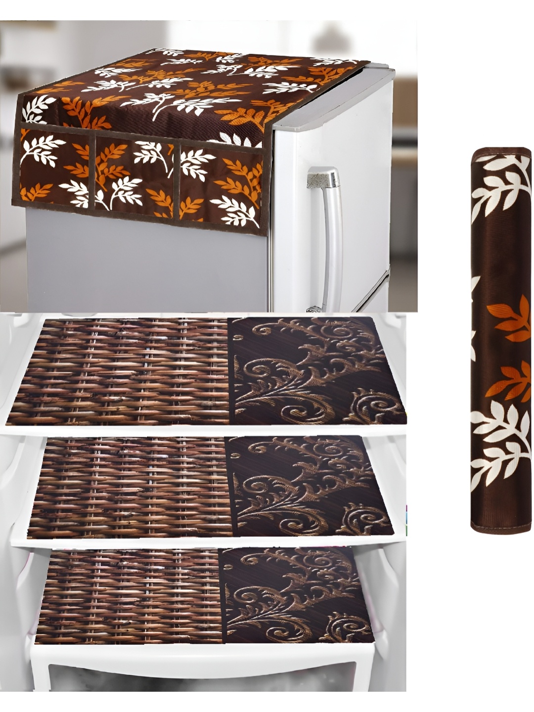 

REVEXO Brown & White 5 Pieces Printed Fridge Appliance Cover