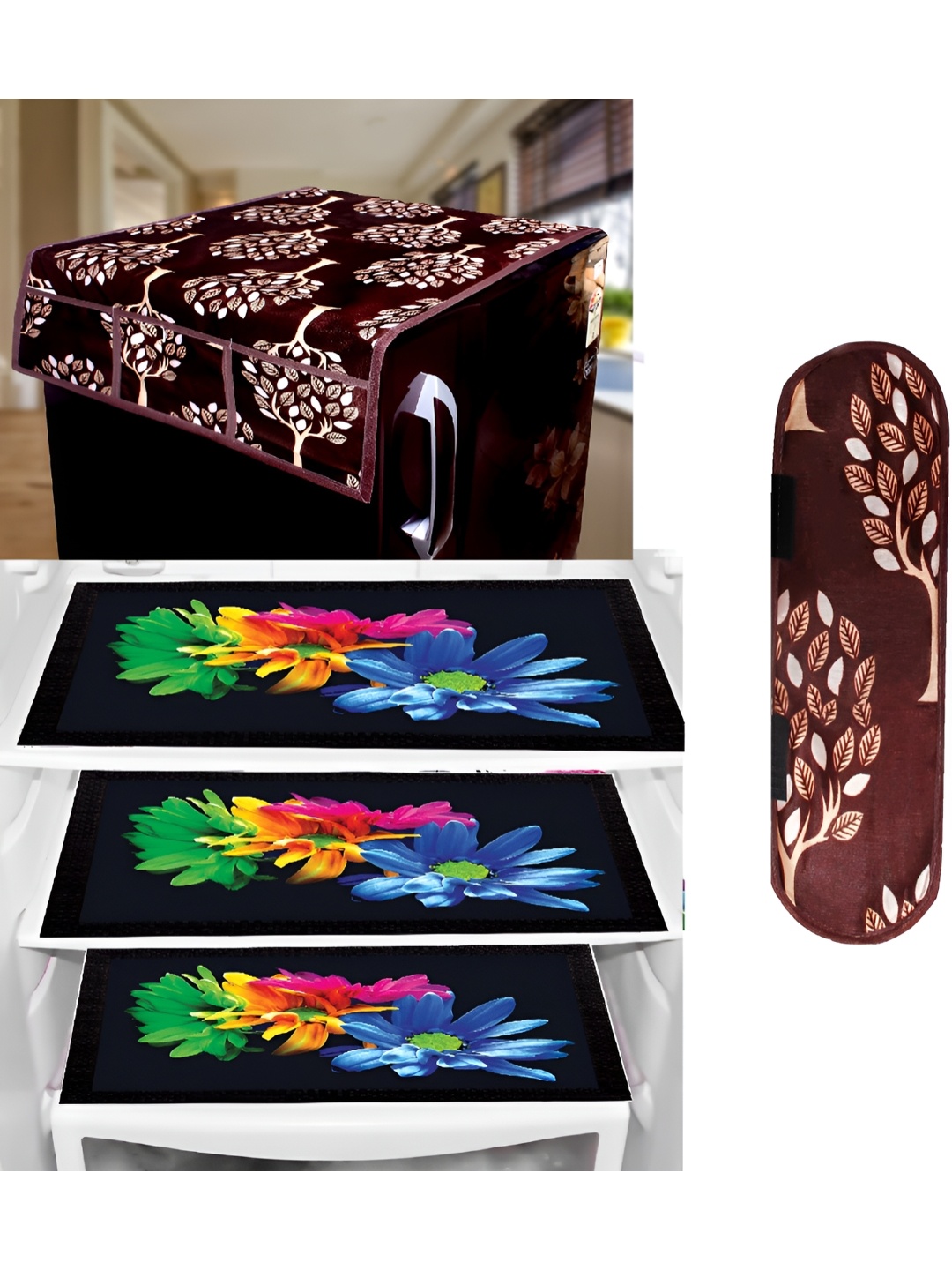 

REVEXO Maroon & Black 4 Pieces Printed Fridge Cover & Mats