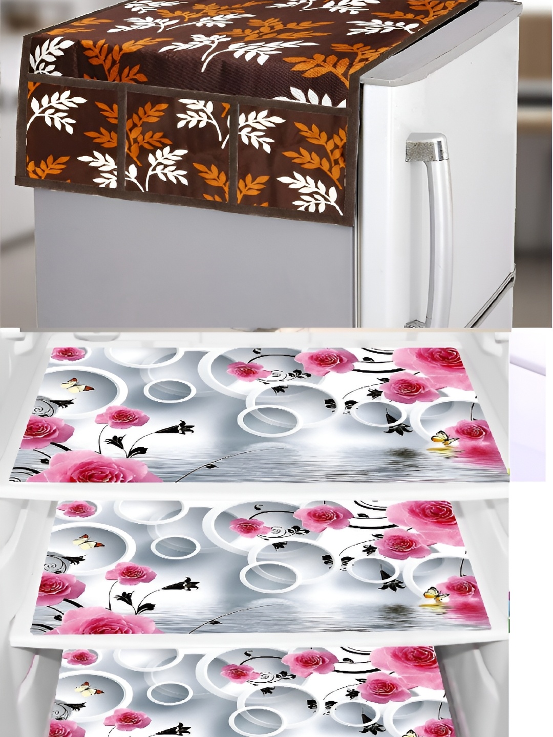 

REVEXO Brown & White 5 Pieces Floral Printed Fridge Appliance Covers