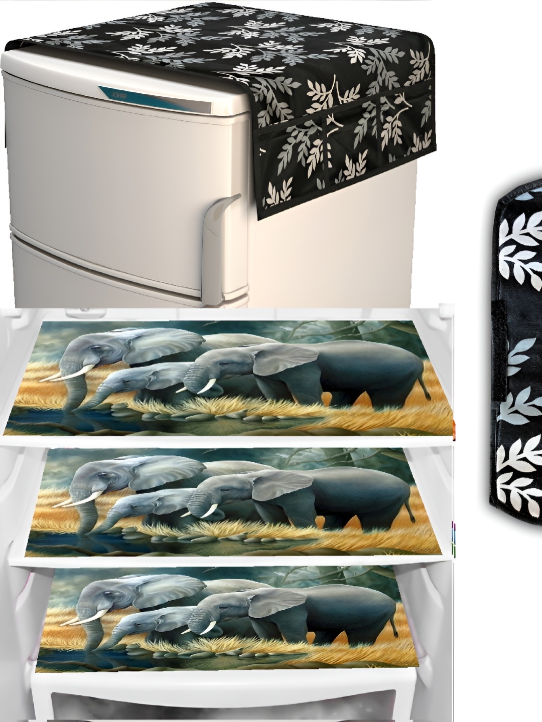 

REVEXO Black & Grey 5 Pieces Printed Fridge Top Cover & Mats