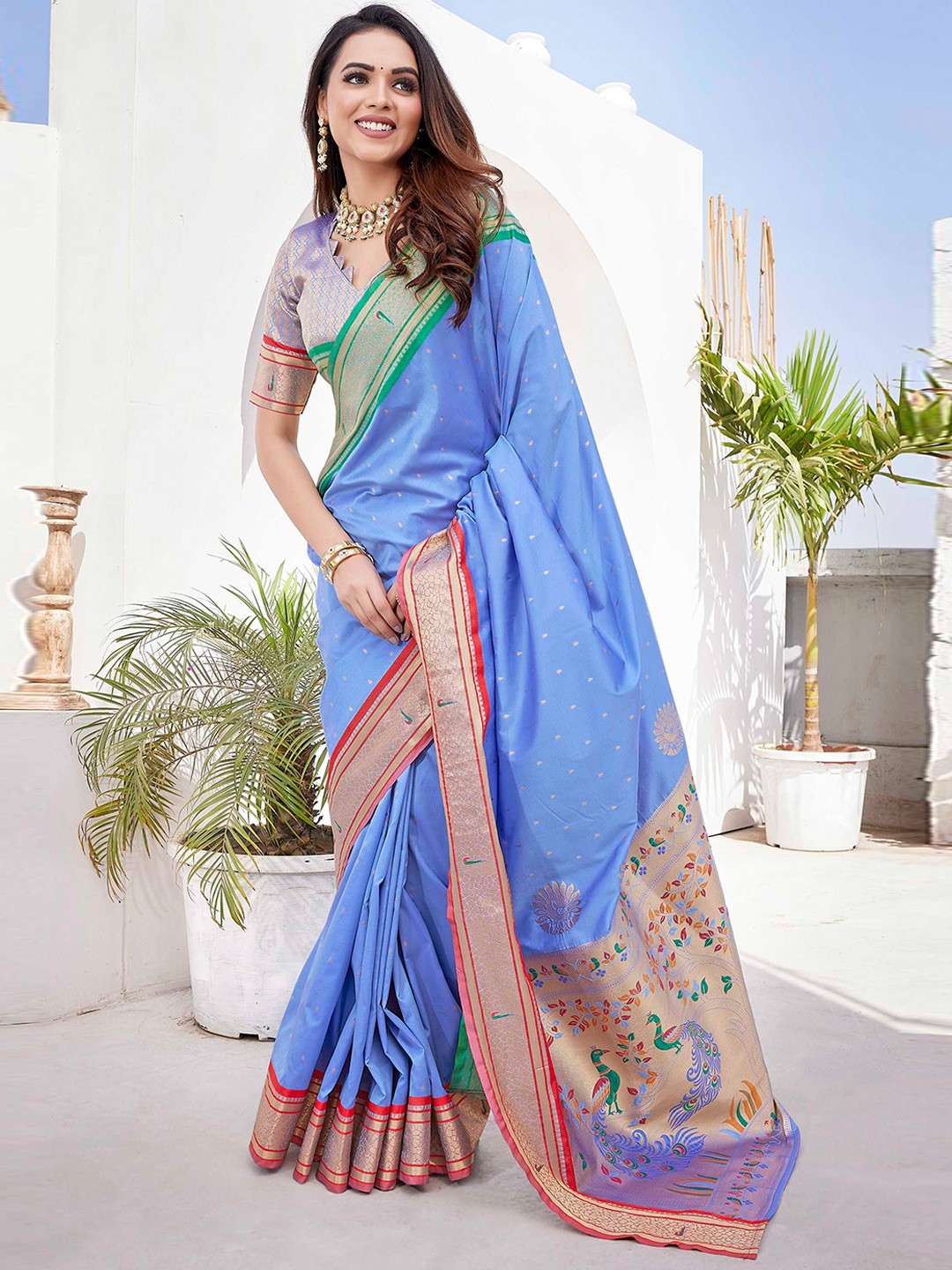 

Mitera Blue Ethnic Motifs Woven Design Zari Paithani Saree