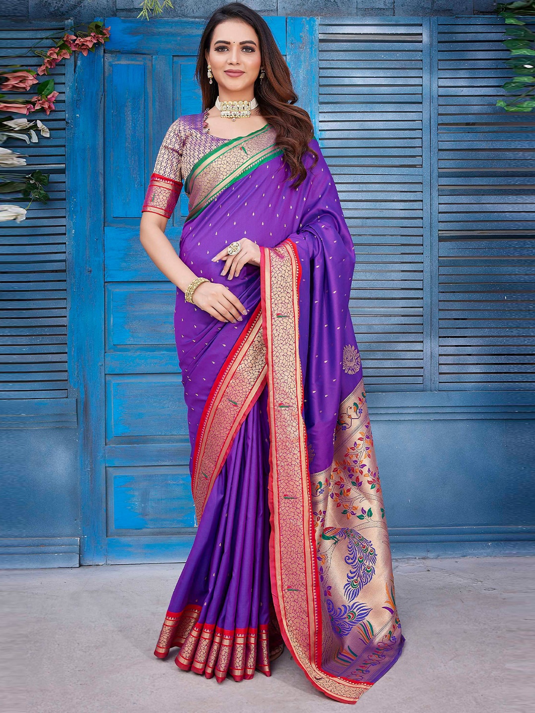 

Mitera Purple Ethnic Motifs Woven Design Zari Paithani Saree