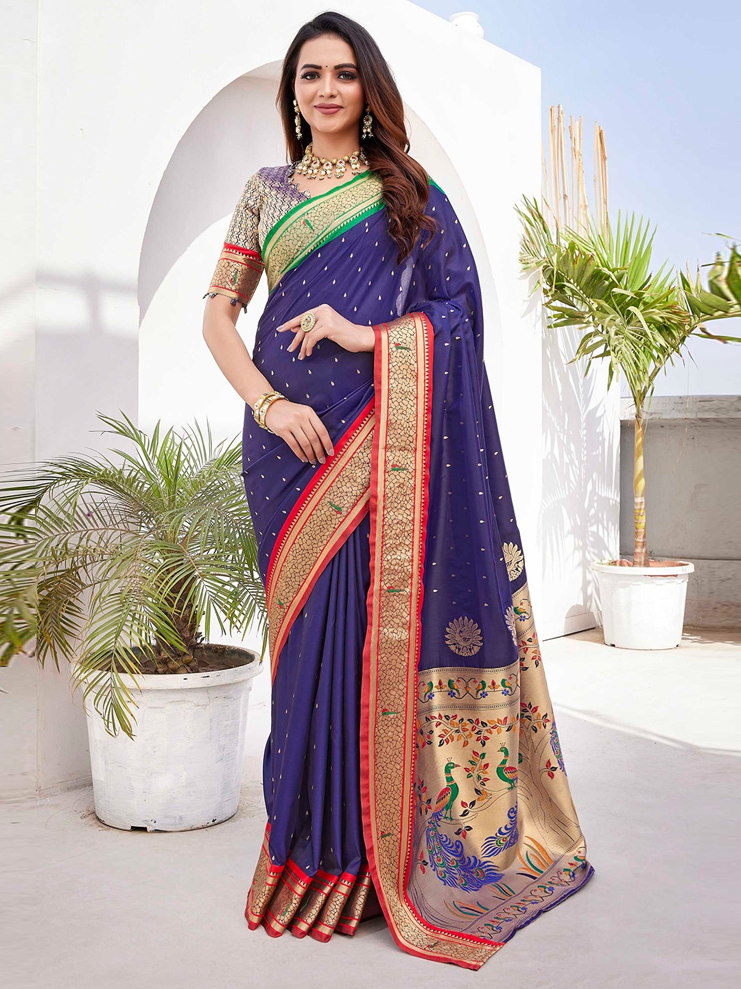 

Mitera Ethnic Motifs Woven Design Zari Paithani Saree, Navy blue