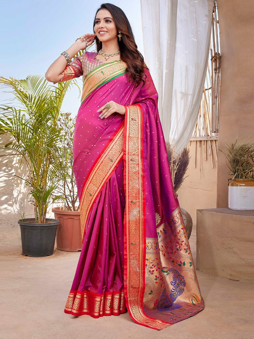 

Mitera Polka Dots Woven Design Zari Paithani Saree, Pink