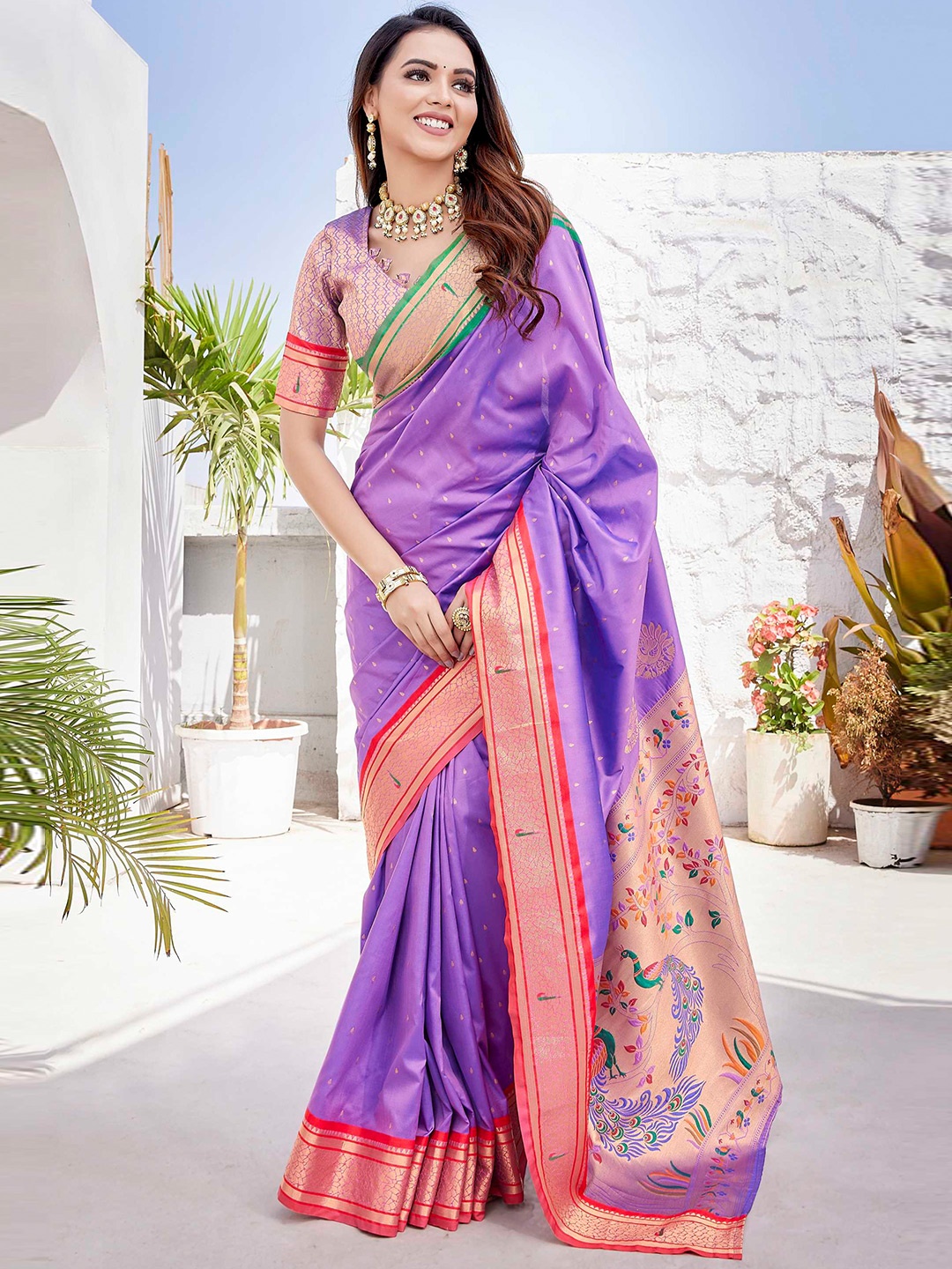 

Mitera Lavender Ethnic Motifs Woven Design Zari Paithani Saree