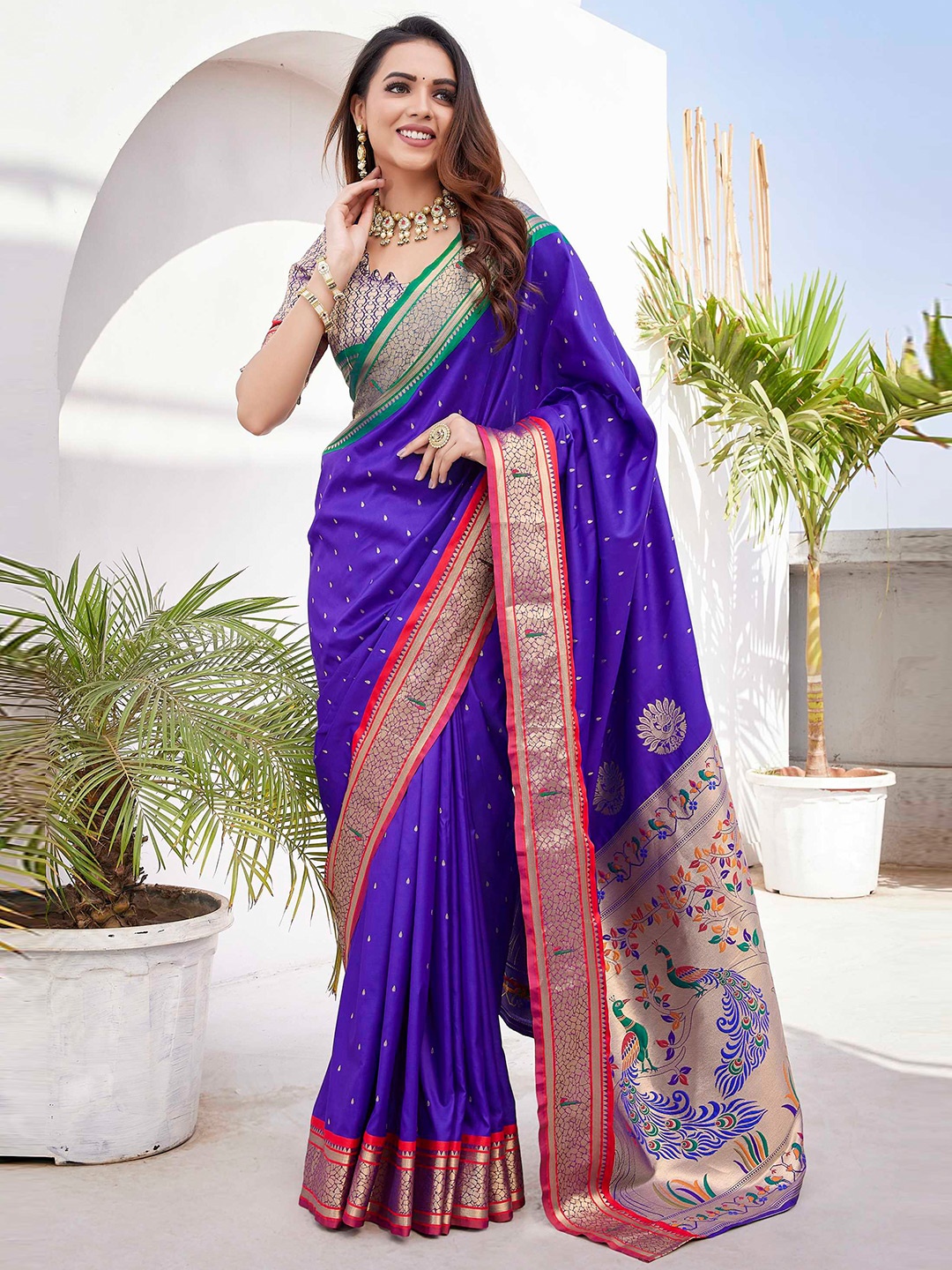 

Mitera Blue Ethnic Motifs Woven Design Zari Paithani Saree