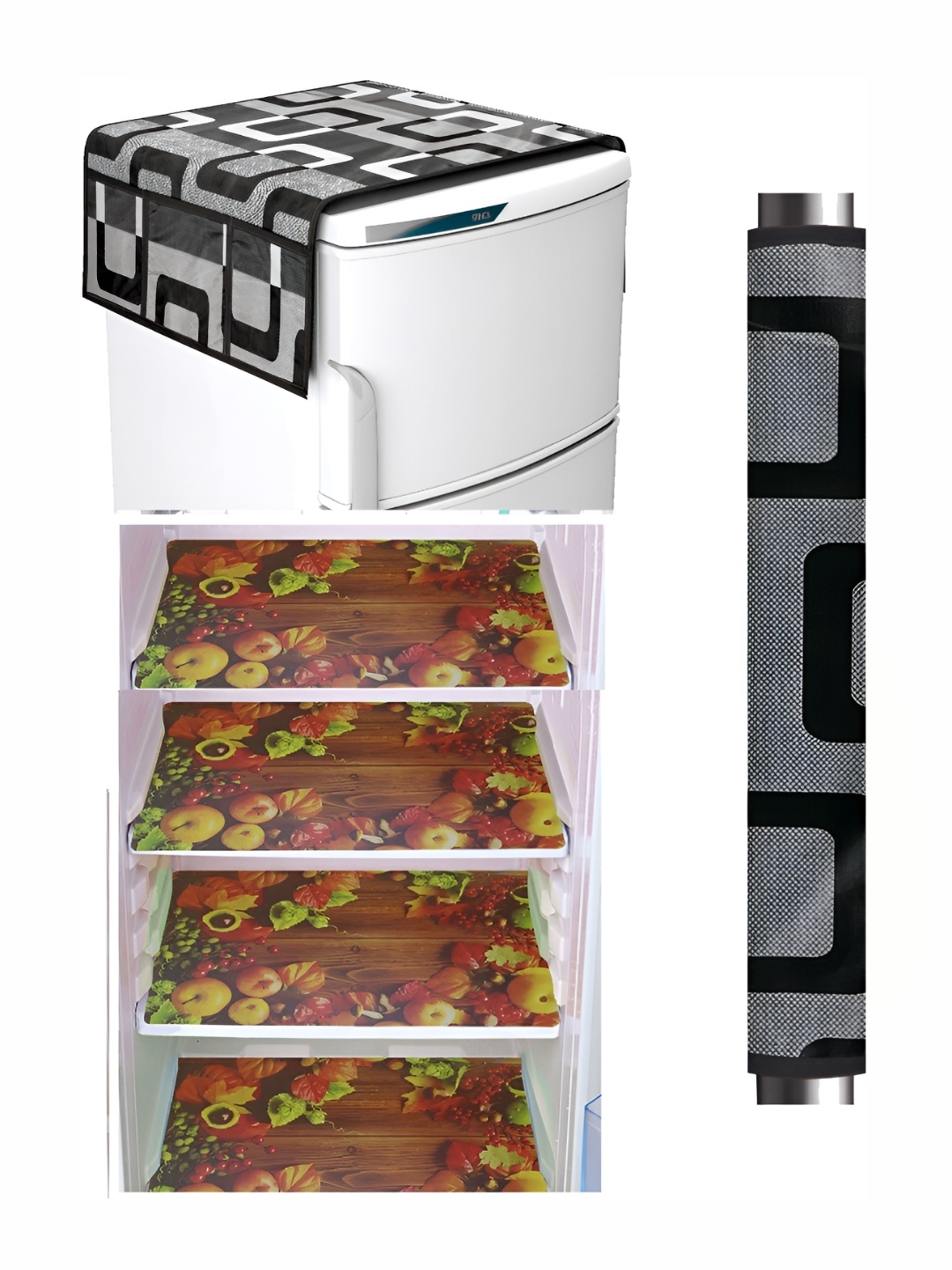 

REVEXO Black & Brown 5 Pieces Printed Fridge Cover & Mats