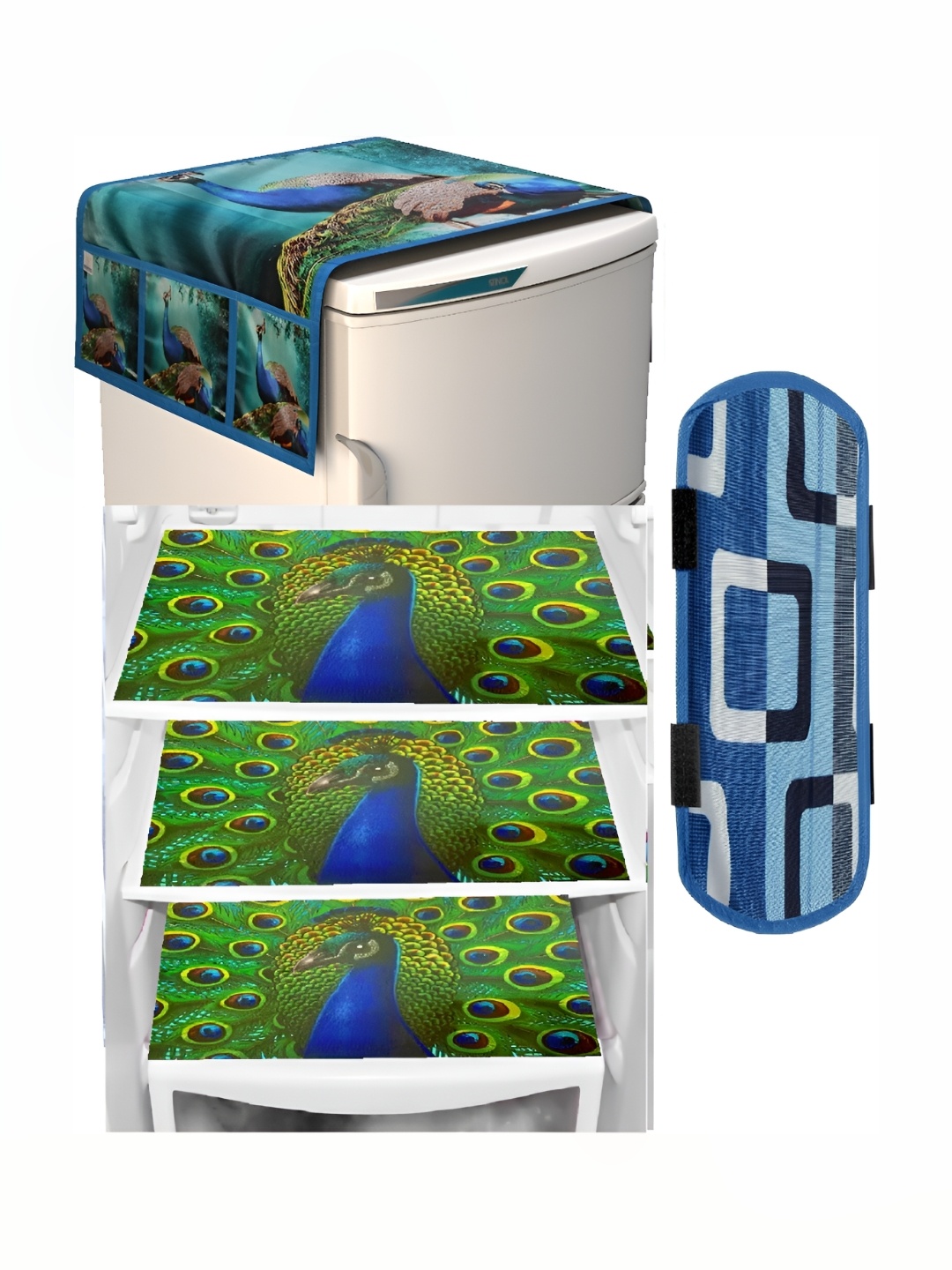 

REVEXO 5 Pcs Green & Blue Printed Refrigerator Cover & Fridge Mats