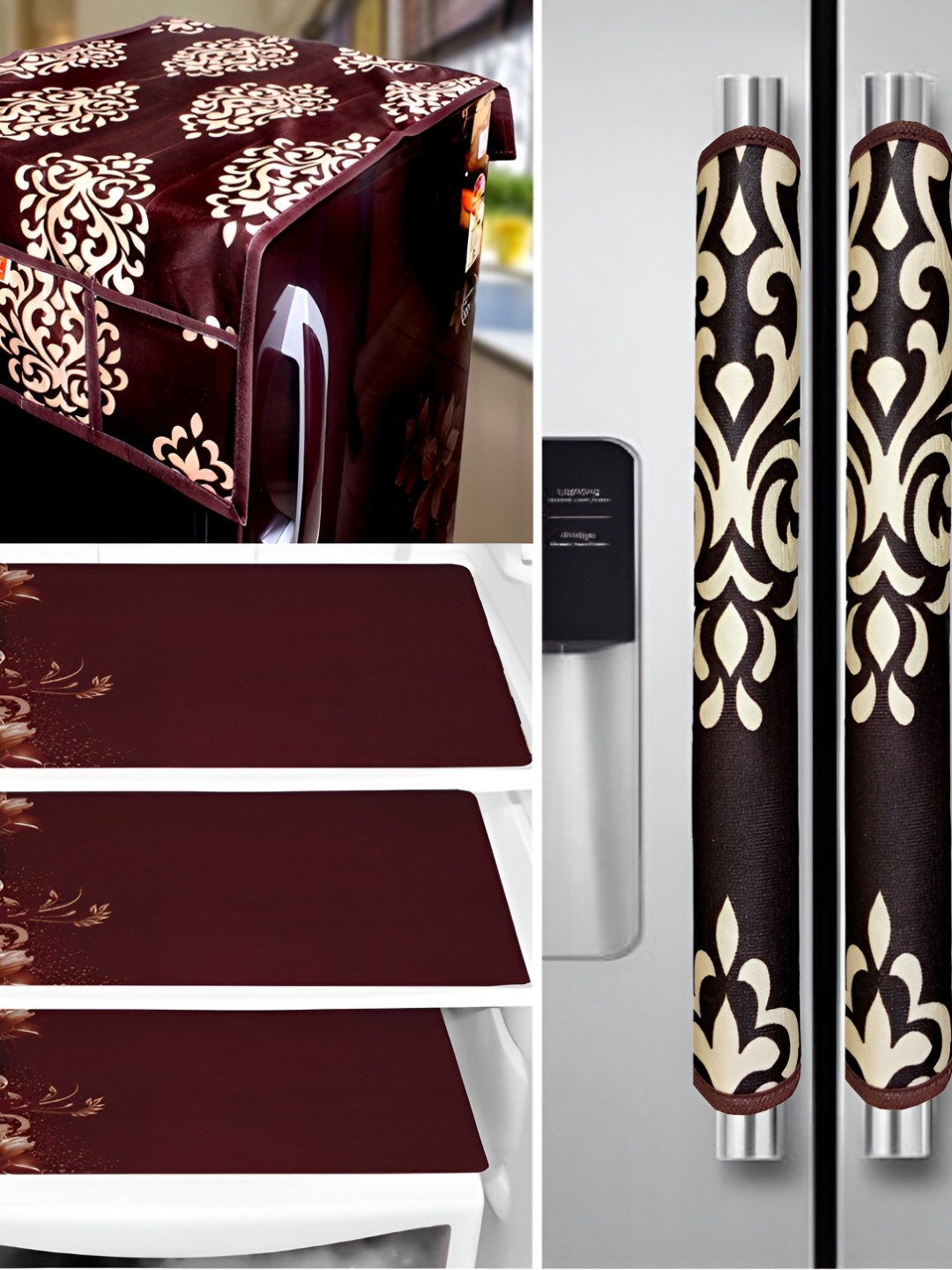 

REVEXO Brown & Beige 4 Pieces Printed Fridge Top Cover Handle Covers & Mats
