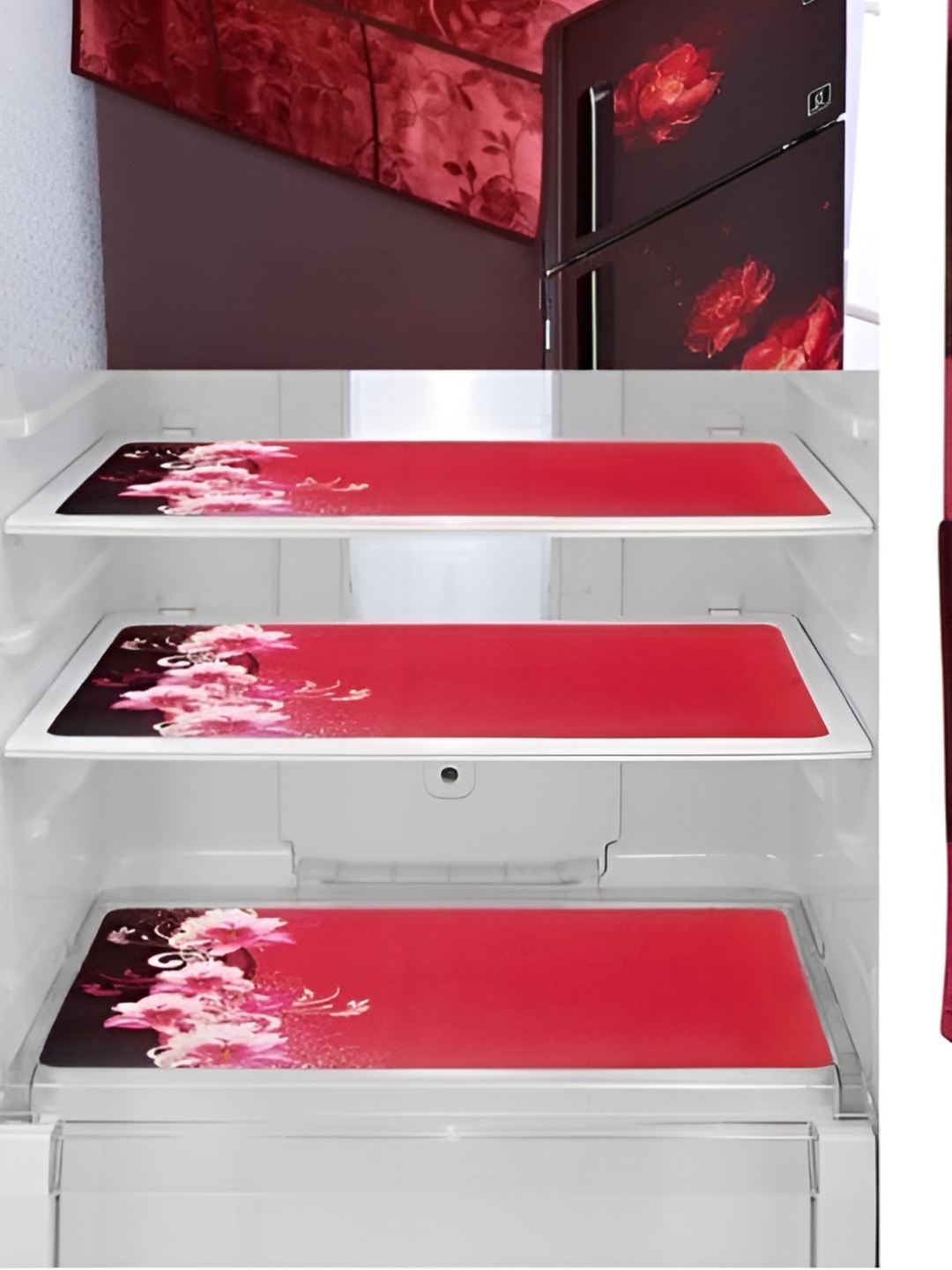 

REVEXO Red & Brown 4 Pieces Printed Fridge Cover & Mats