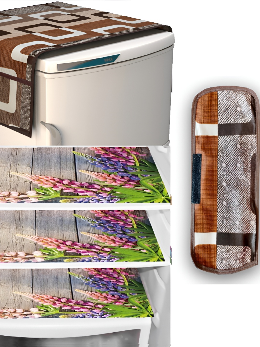 

REVEXO Brown & Grey 5 Pieces Printed Fridge Appliance Cover With Mats & Handle