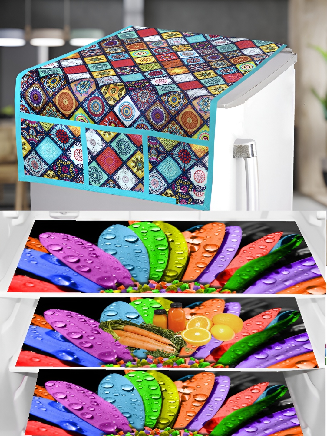 

REVEXO 4-Pcs Blue & Green Printed Refrigerator Cover & Fridge Mat