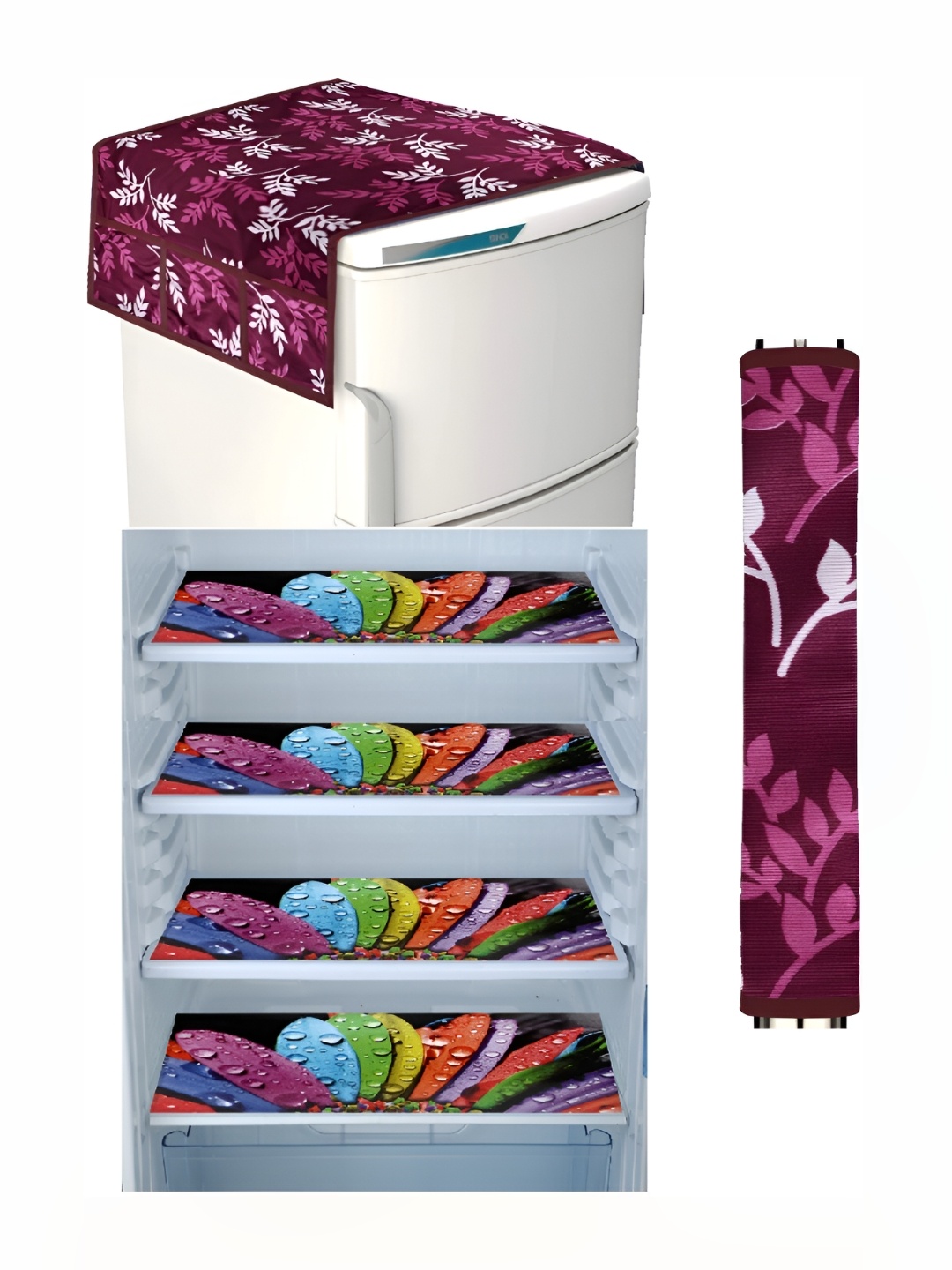 

REVEXO Maroon & Green 5 Pieces Printed Fridge Top Cover & Mats