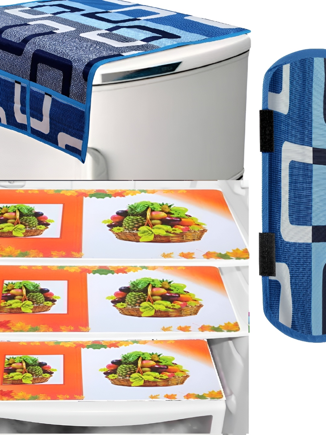 

REVEXO Blue & White 5 Pieces Fridge Top Cover & Mats, Multi