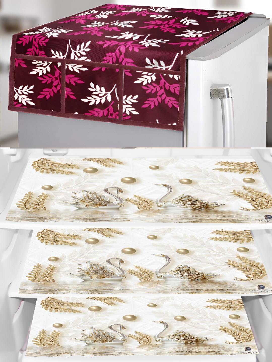 

REVEXO Purple & White 5 Pieces Printed Fridge Appliance Cover