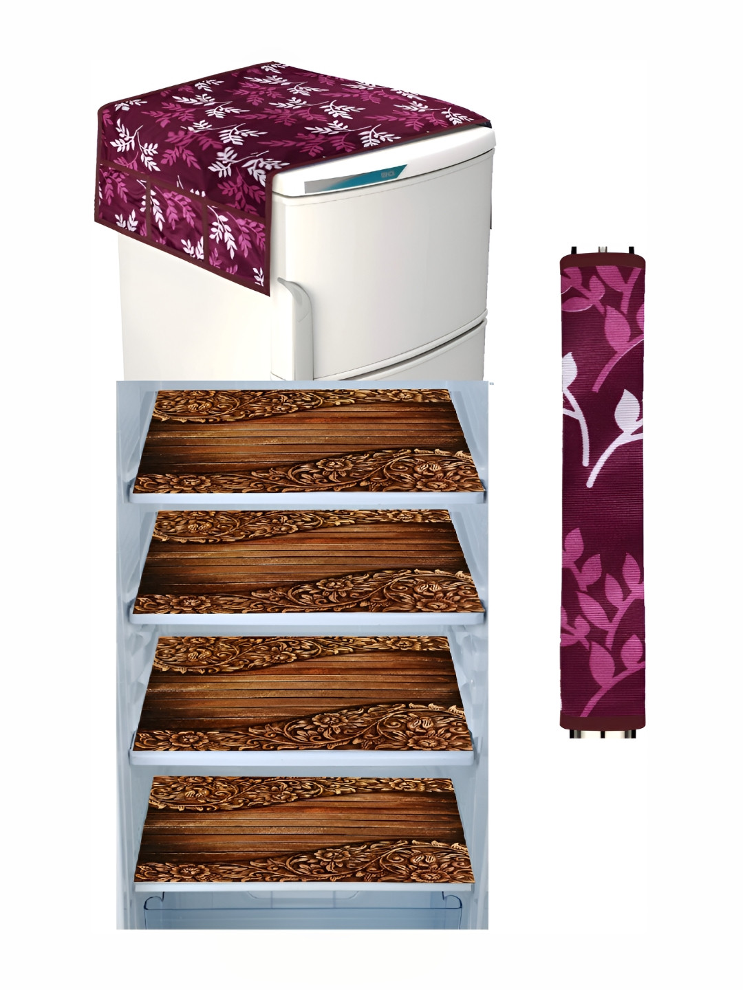 

REVEXO Brown 4 Pieces Printed Fridge Mat & Refrigerator Cover
