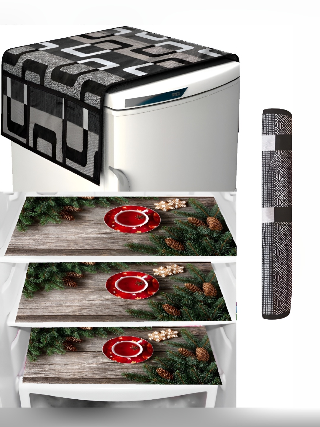 

REVEXO Black & Brown 5 Pcs Printed Fridge Cover & Mats