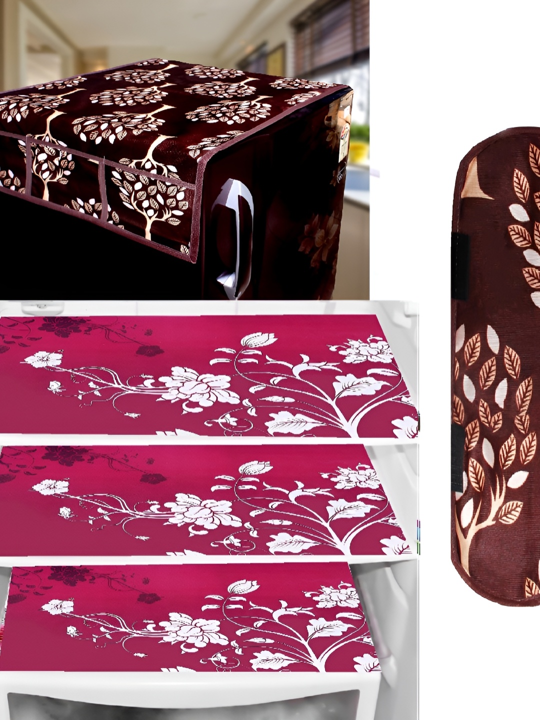 

REVEXO Brown & Pink 5 Pieces Printed Fridge Top Cover Handle Covers & Mats