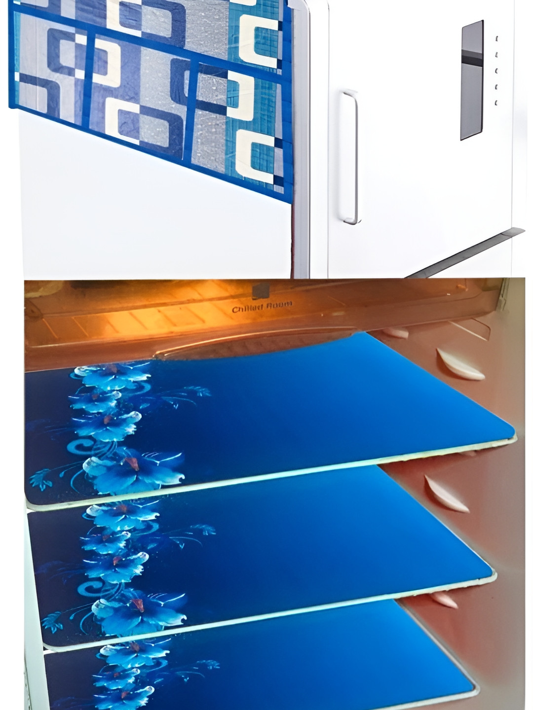 

REVEXO Blue & White 5 Pieces Printed Fridge Top Cover & Mats