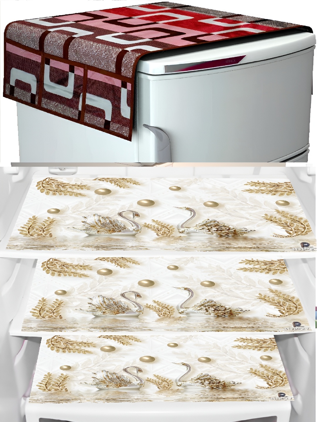 

REVEXO Red & White 4Pcs Printed Fridge Top Cover & Mats