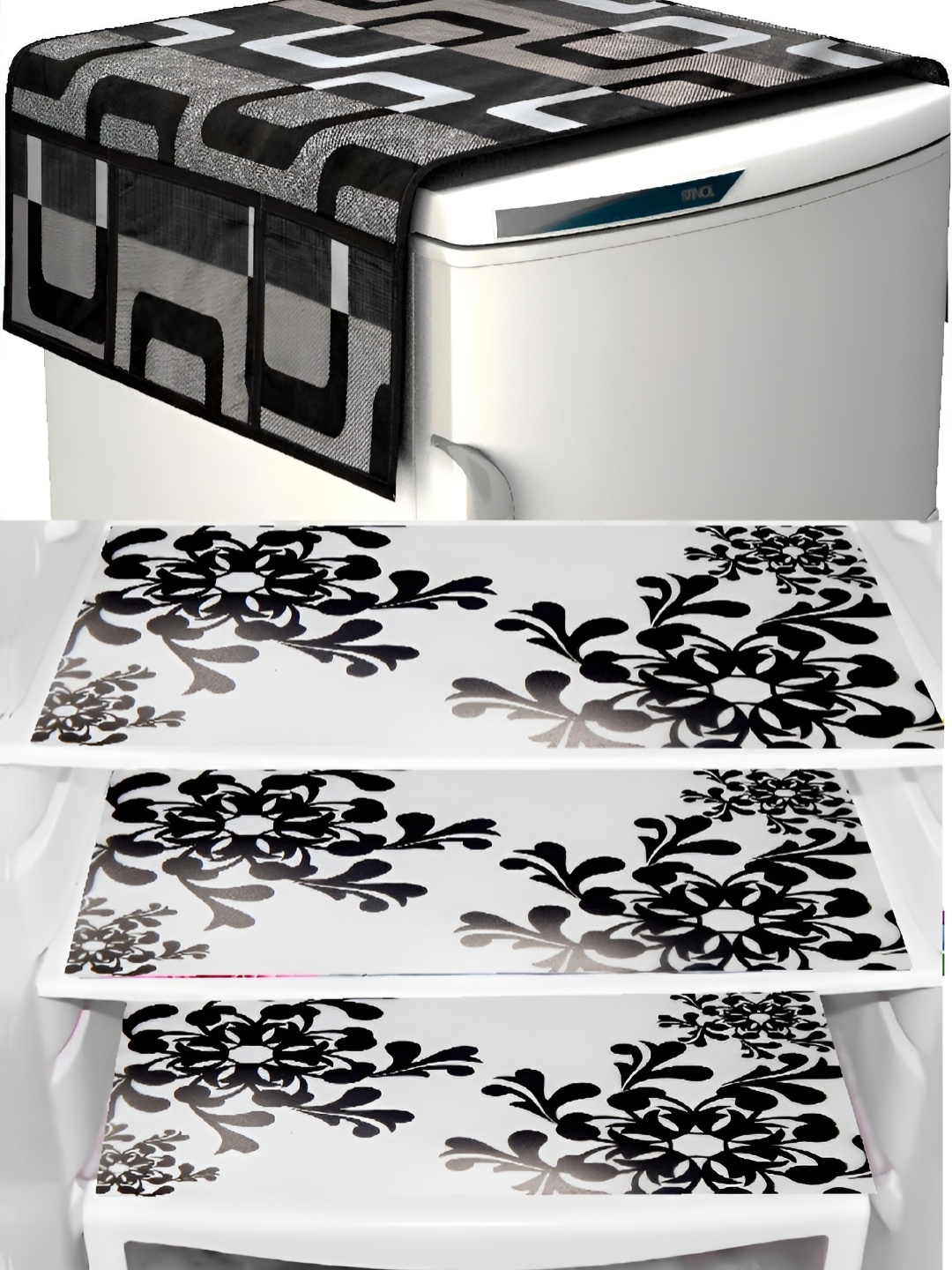 

REVEXO Black & White 4 Pieces Printed Fridge Cover & Mats