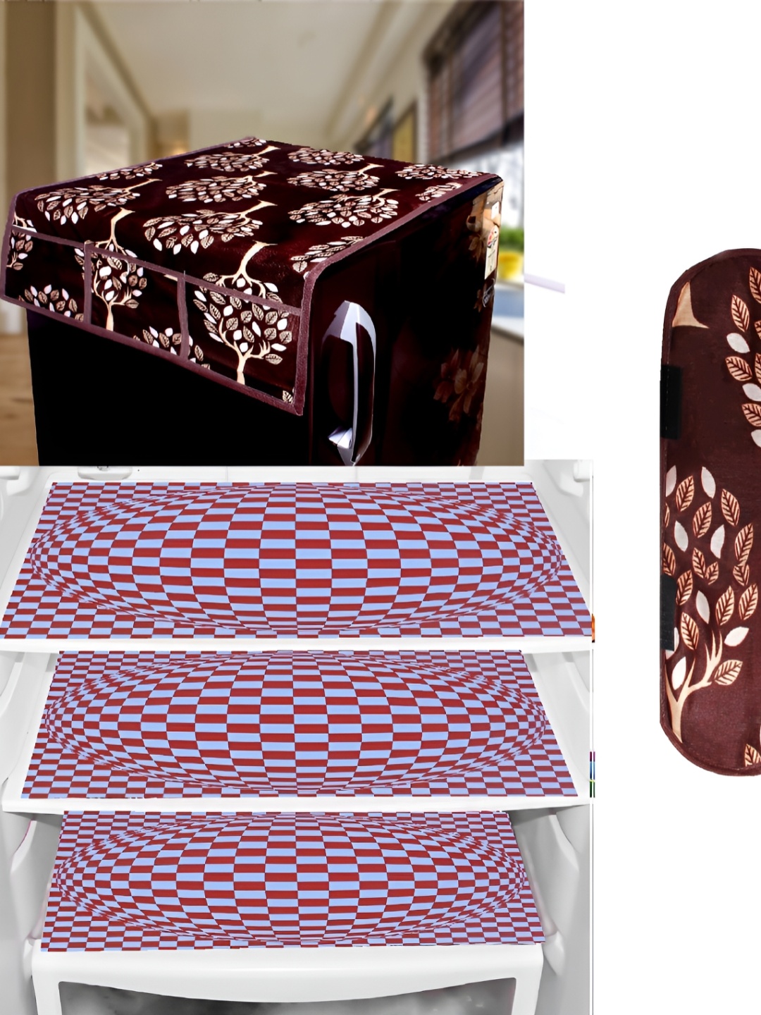 

REVEXO Blue & Maroon 4 Pieces Printed Fridge Cover & Mats