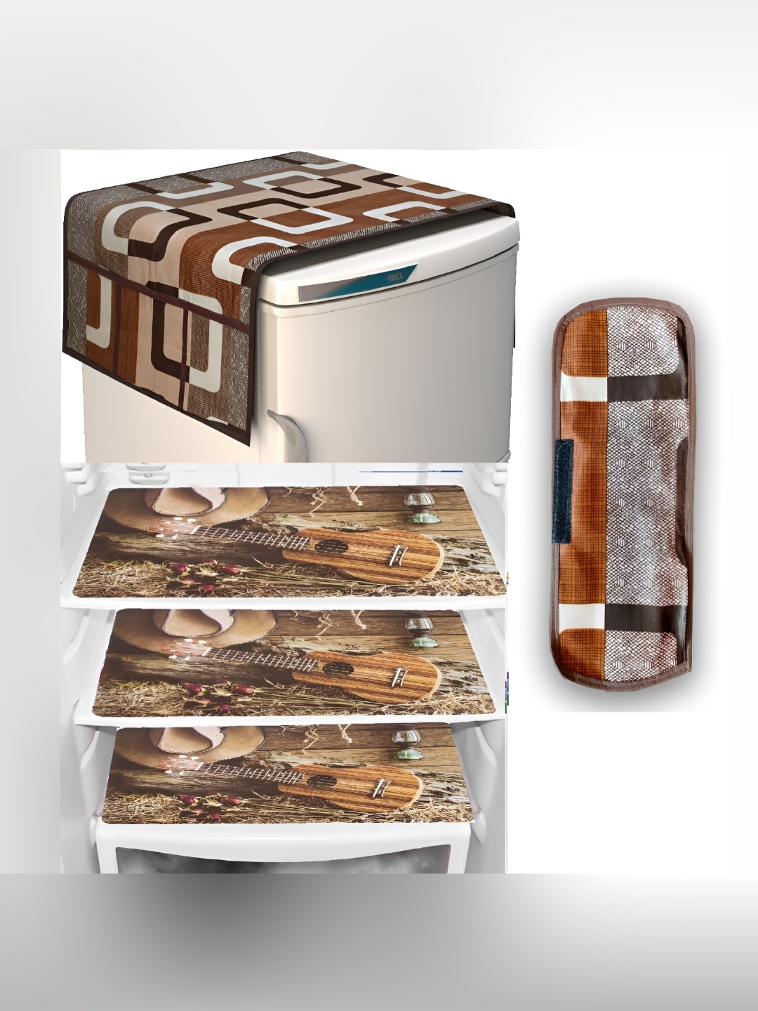 

REVEXO Brown & White 6 Pieces Printed Refrigerator Covers