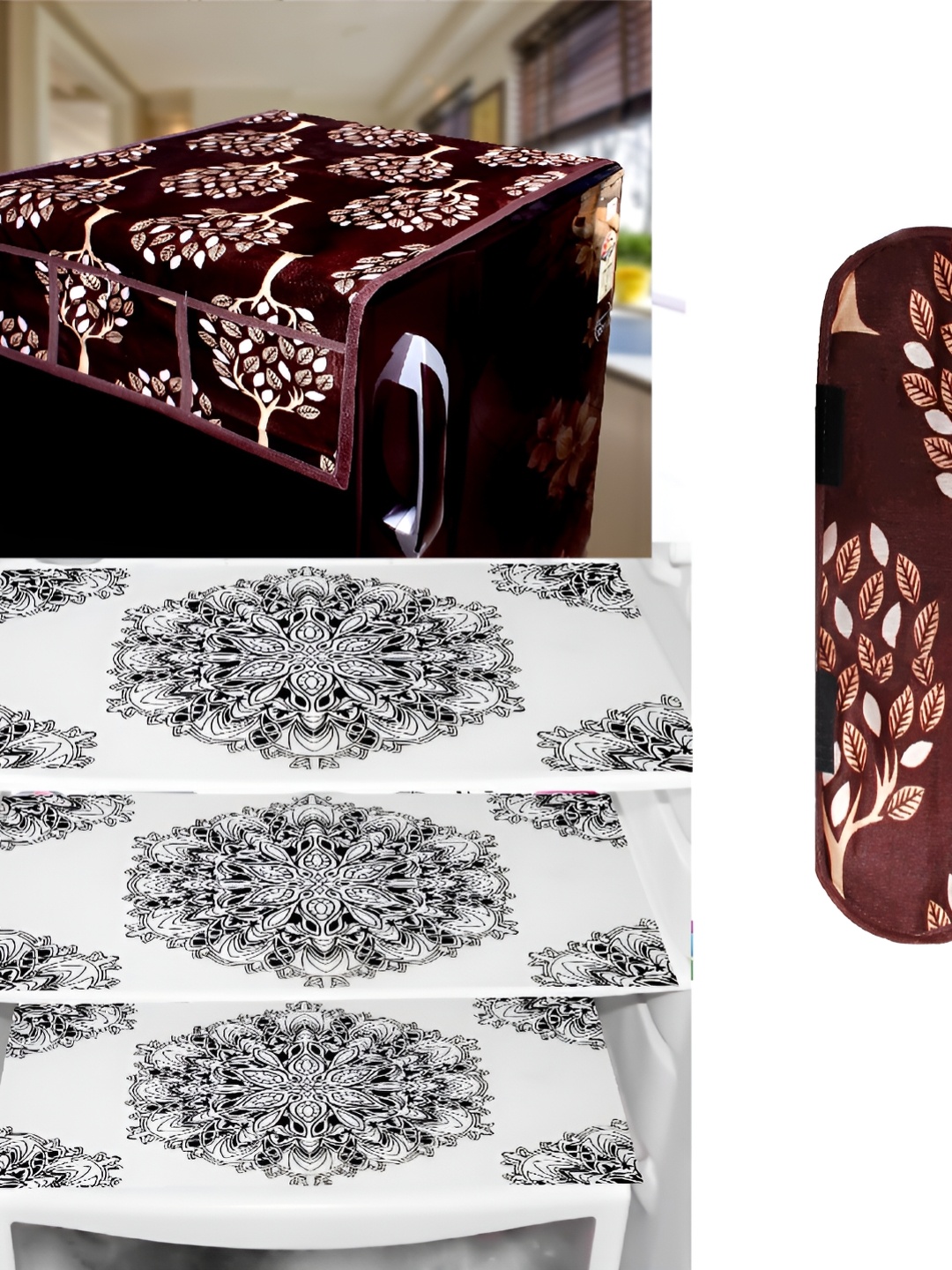 

REVEXO Brown & White 5 Pieces Printed Fridge Top Cover & Mats
