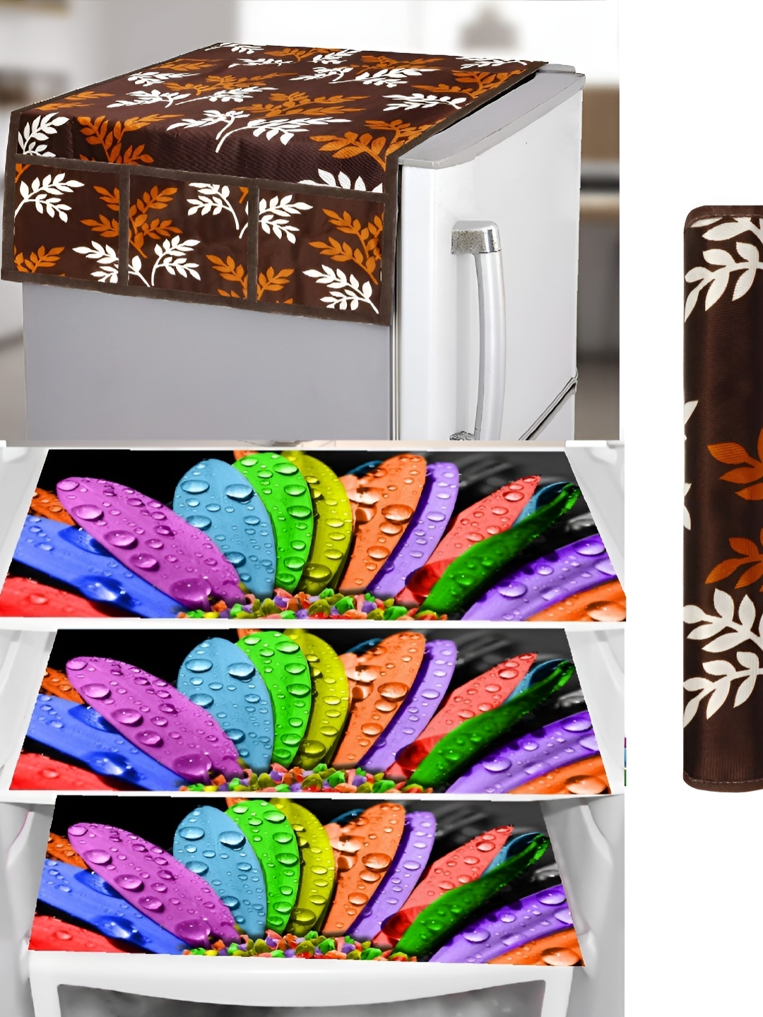 

REVEXO Brown & Green 5 Pieces Printed Fridge Cover With Mats & Handle Cover