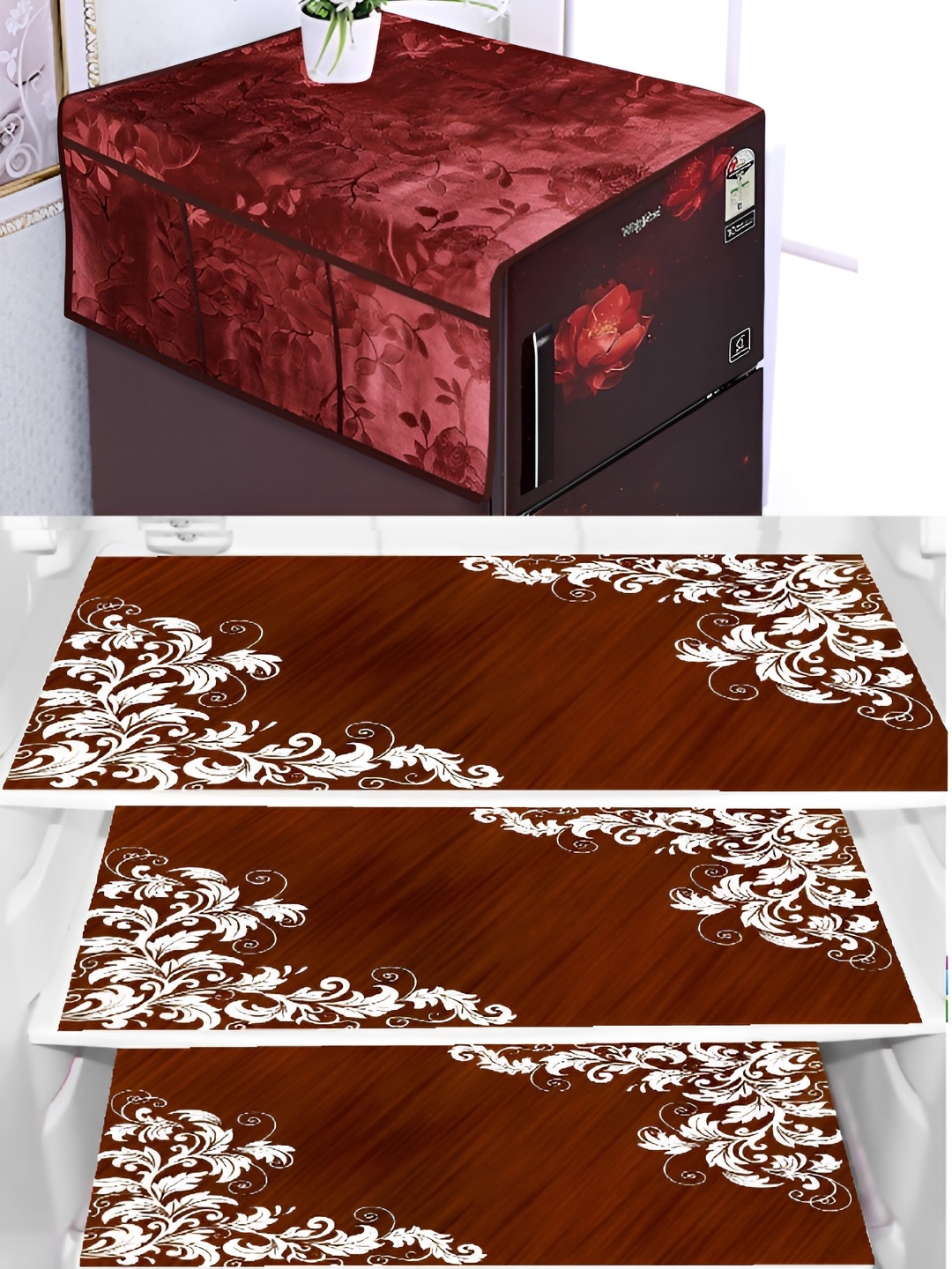 

REVEXO Red & White 4 Pieces Printed Fridge Top Cover & Mats