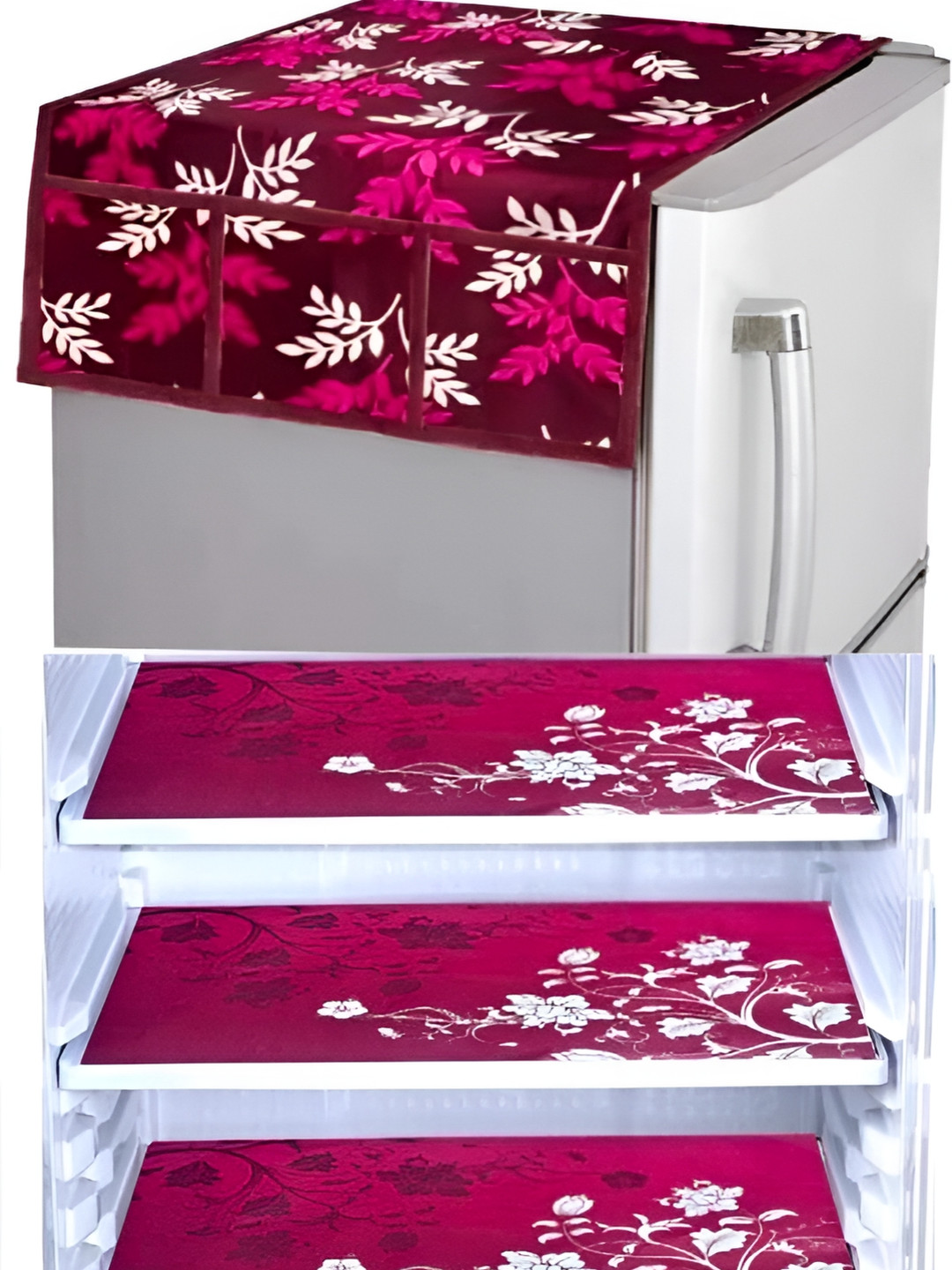 

REVEXO Pink & White 5 Pieces Printed Refrigerator Cover & Mats