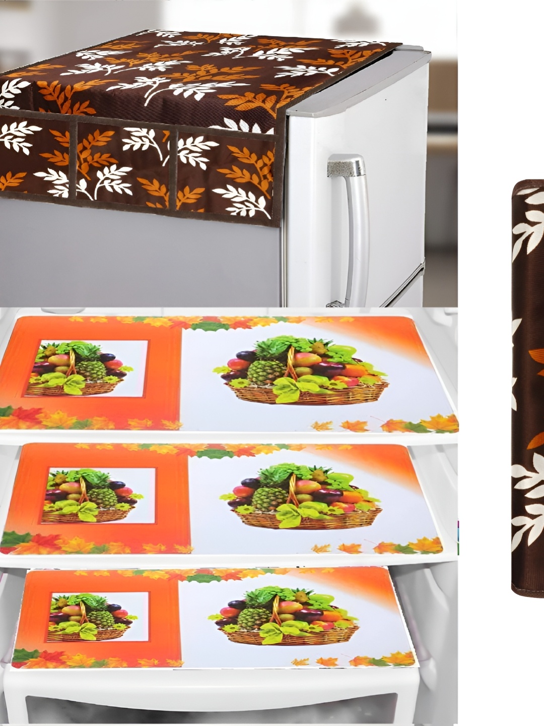 

REVEXO Maroon & White 5 Pieces Printed Fridge Appliance Cover, Brown
