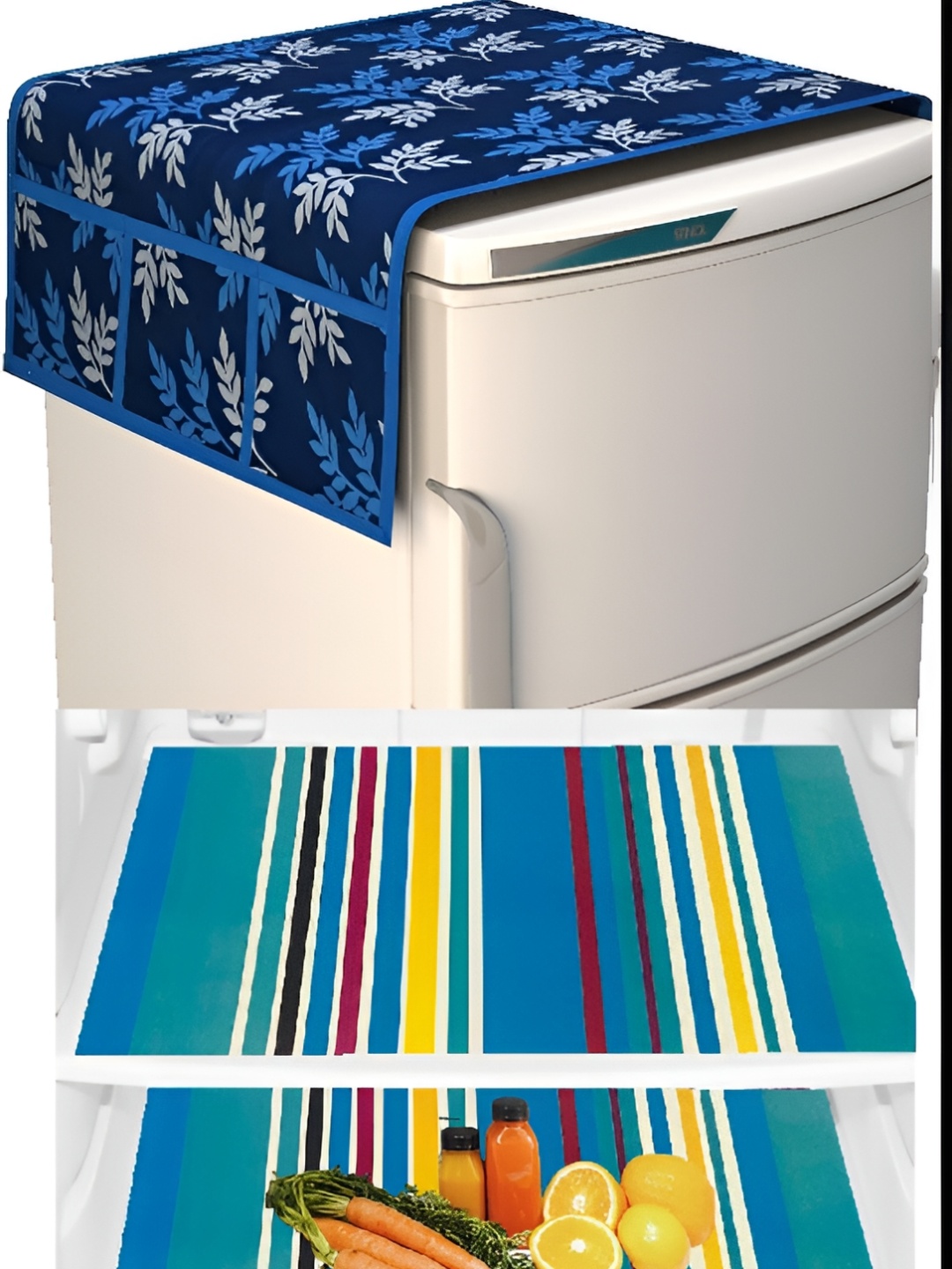 

REVEXO Blue & White 4 Pieces Printed Fridge Top Cover & Mats