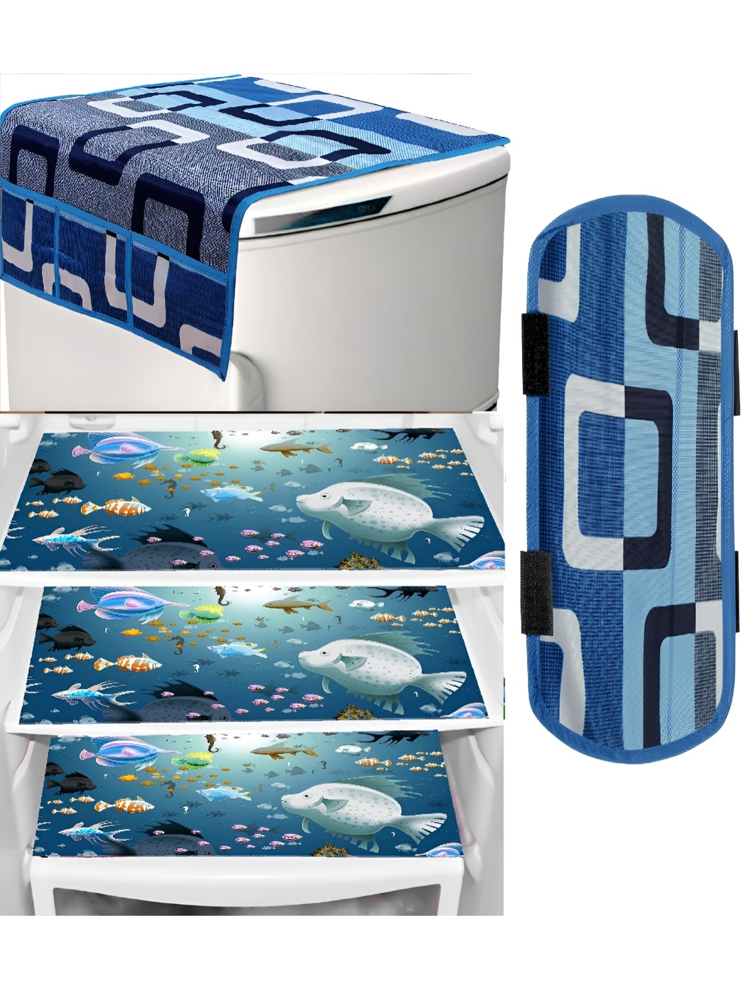 

REVEXO Blue & Green 5 Pieces Printed Fridge Cover & Mats